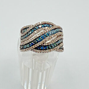 Designer SUN Sterling Silver 925 & Blue Diamonds Ring - Size 7.5